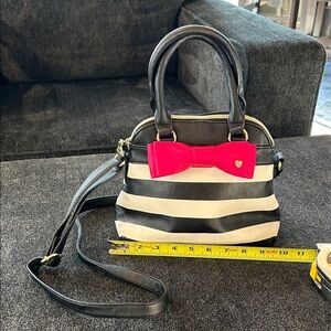 Black & White Stripe Crossbody Bag with Pink Bow Accent